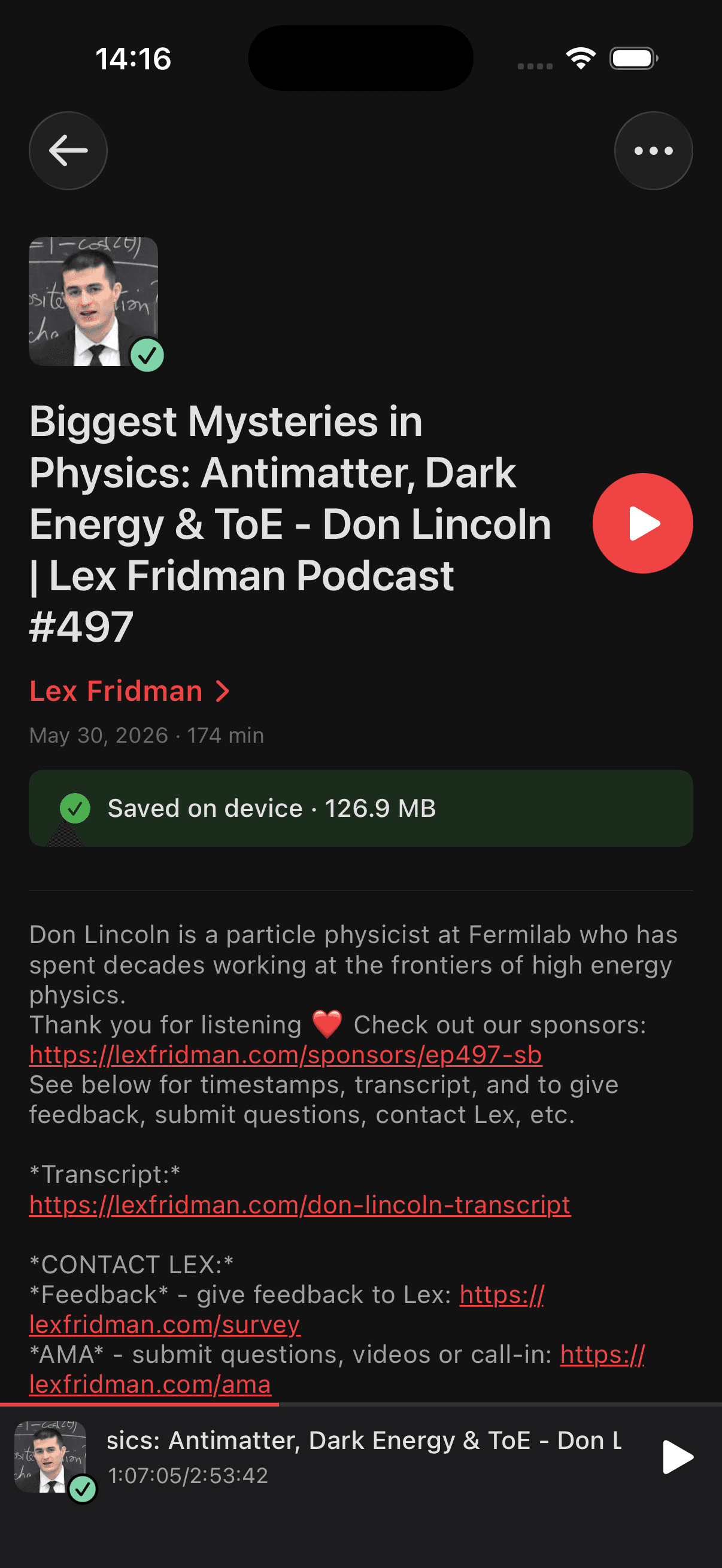 YouCaster episode detail with clickable chapter timestamps
