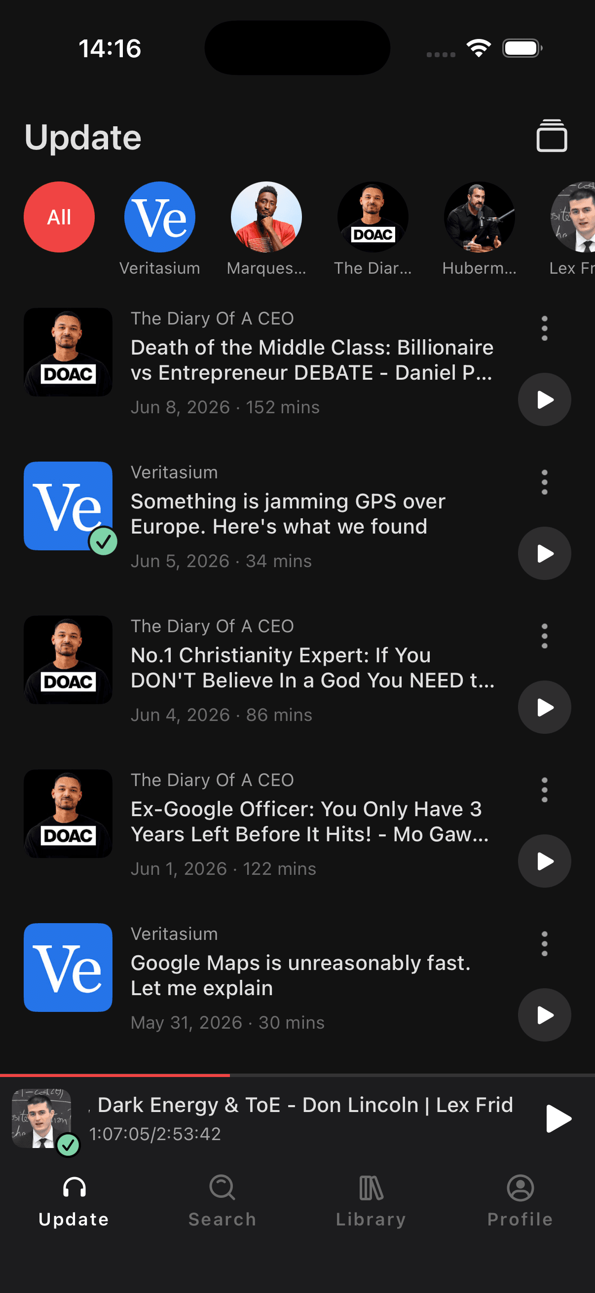 YouCaster feed showing the latest episodes from your subscribed YouTube channels