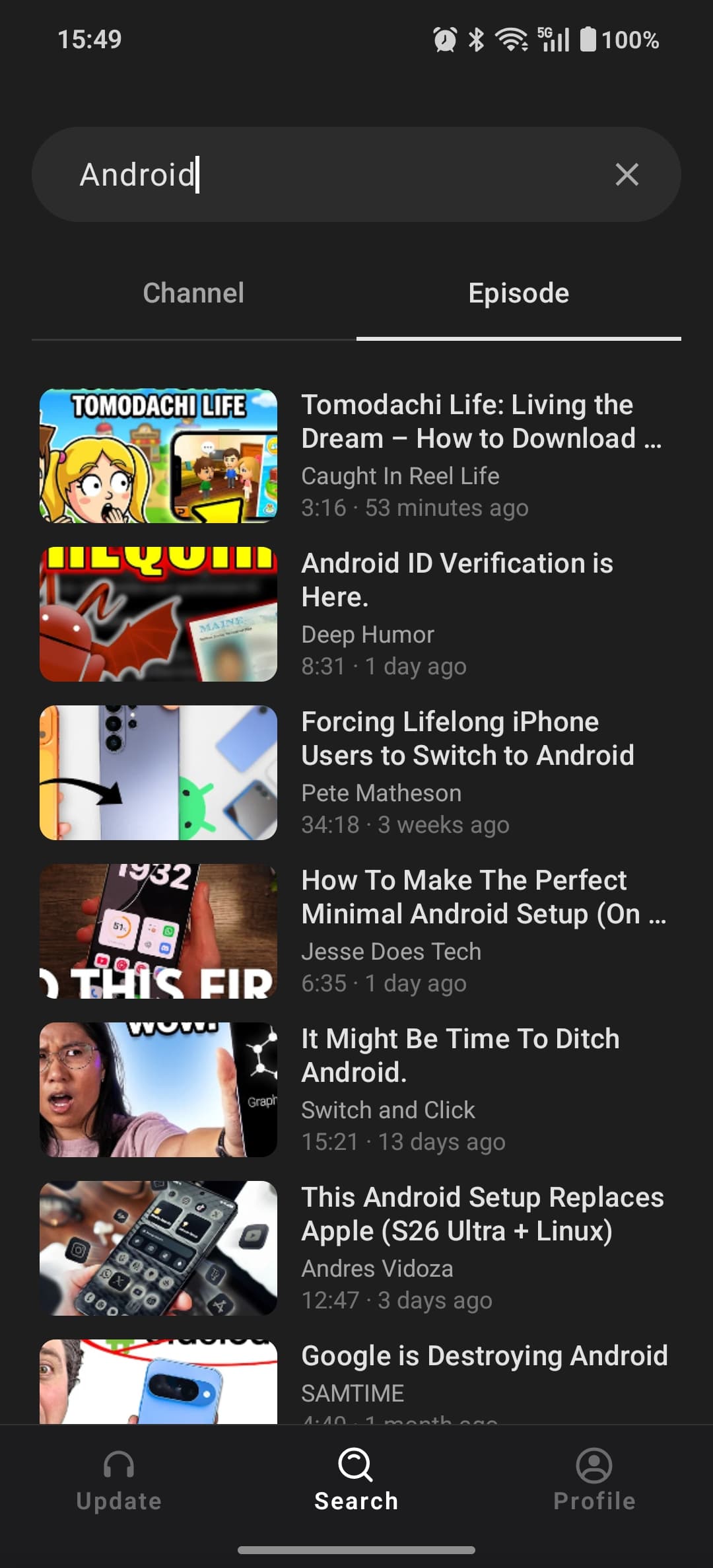 YouCaster search results showing episodes matching a keyword